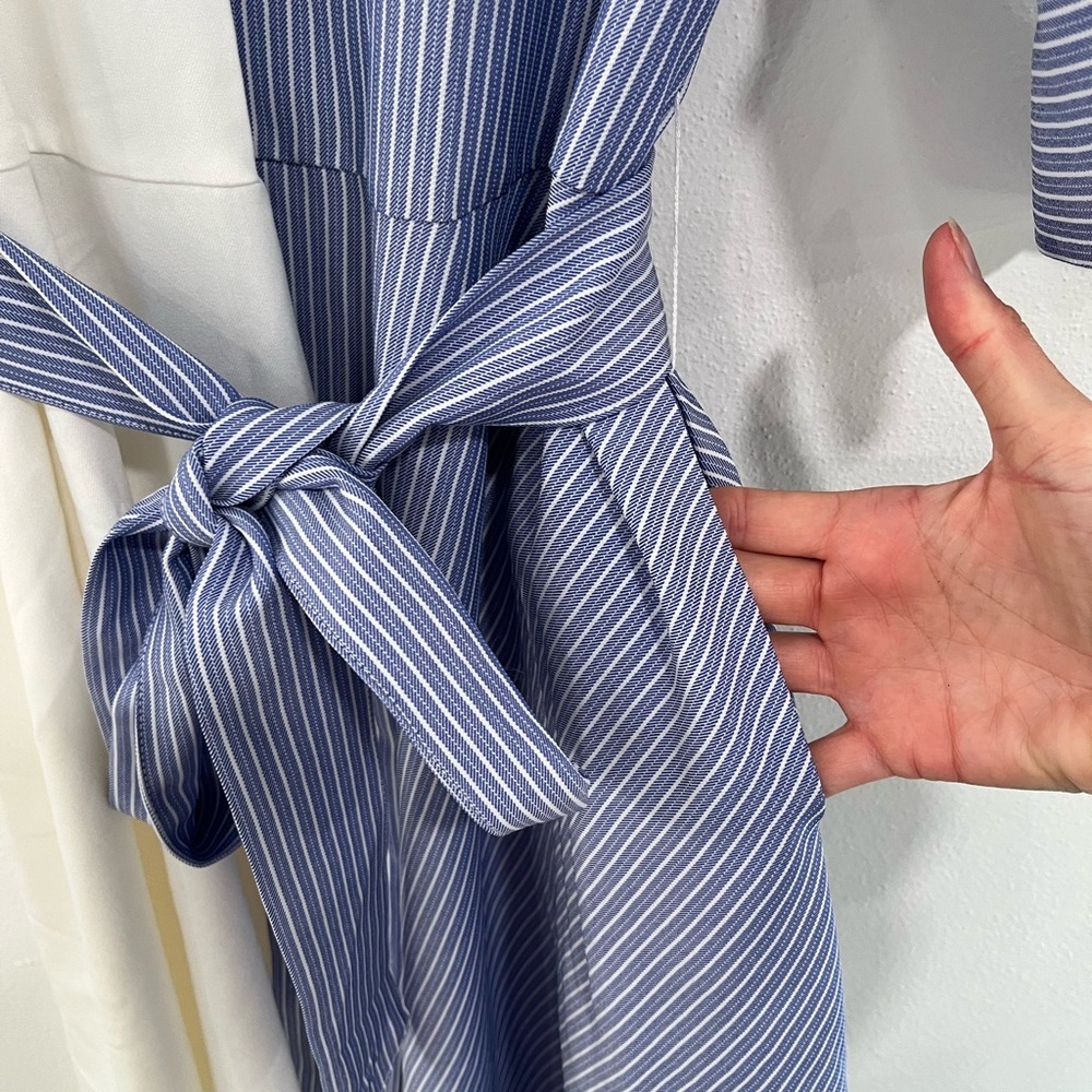 I:NA blue & white colorblock striped asymmetrical hem tie waist shirt dress NWT - Picture 11 of 16